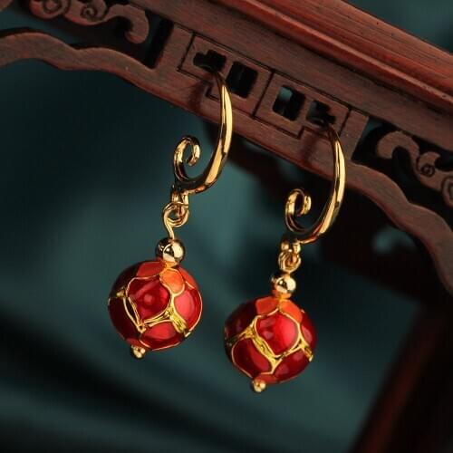 New Fashion Korean style Vintage Red Ball Drop cloisonne earrings Birthday gift Ethnic Jewelry for women