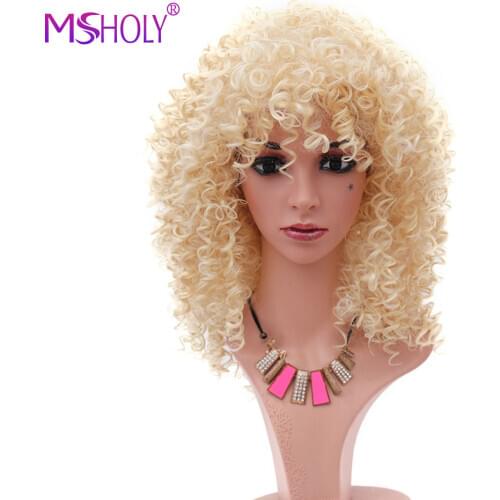 Afro Kinky Curly Wigs for Women 613 Blonde Wig with bangs High temperature synthetic wigs Medium Long Hair Wig Msholy
