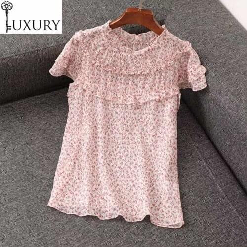 Blouses Fashion 2020 New Summer Style Women Elegant Little Flower Print Lurex Yarn Patchwork Short Sleeve Pink Red Tops