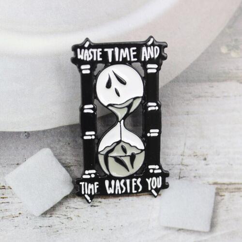 Black Punk Hourglass Enamel Pin waste time and time wastes you timer Lapel Brooch skeleton badge Skull ghost Halloween jewelry