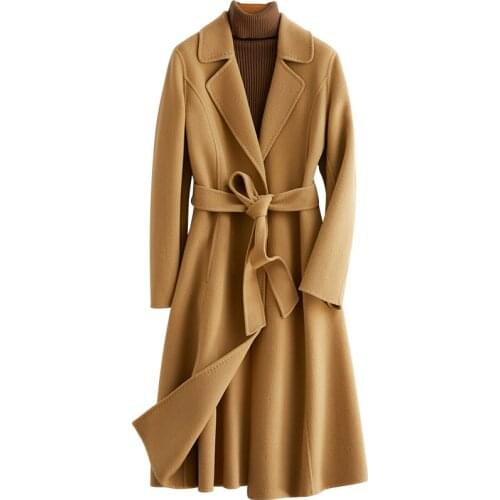 Double Faced Cloth Autumn and Winter New Womens Long Knee Length Korean Lace Up Slim Fitting Wool Coat