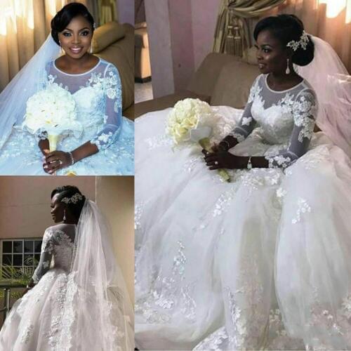 Elegant Long Sleeves Lace Appliques Wedding DRESS Ballgown vestido de noiva African Wedding Gowns
