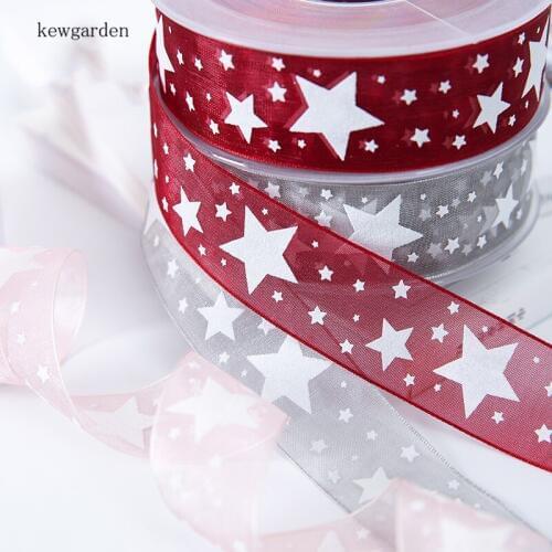 Kewgarden 1" 27mm Stars Voile Ribbons DIY Hairbow Earrings Satin Ribbon Accessories Handmade Tape Packing Wedding 20 Meters
