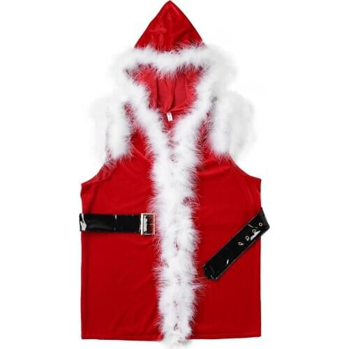 Men Christmas Santa Claus Dress Up Cosplay Costume Velvet Hooded Coat Faux Fur Trimming Clothes Set New Year Fancy Dress Top