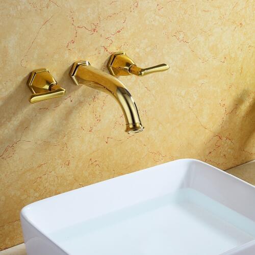 Free ship gold finish wall mounted 8 " widespread bathroom basin vessel sink faucet mixer tap 3 Holes