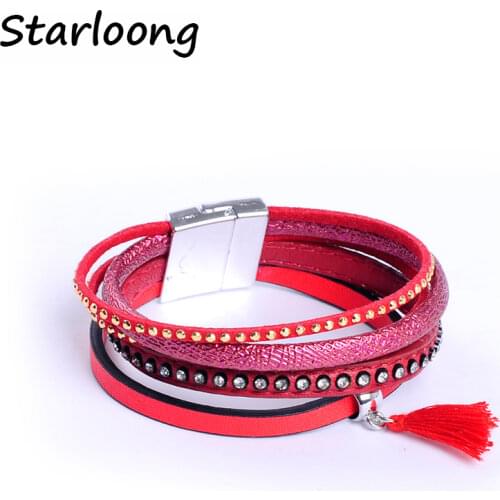 New fashion multi-layer red PU black leather bracelet with rhinestone beads magnetic clasp women wrap bijoux Bracelet Pulsera