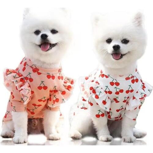 Pet Cherry Skirt Dog Clothes Puppy Dress Lotus Sleeves Printing Puppy Vest T-shirt Summer Small Medium Dogs Skirt