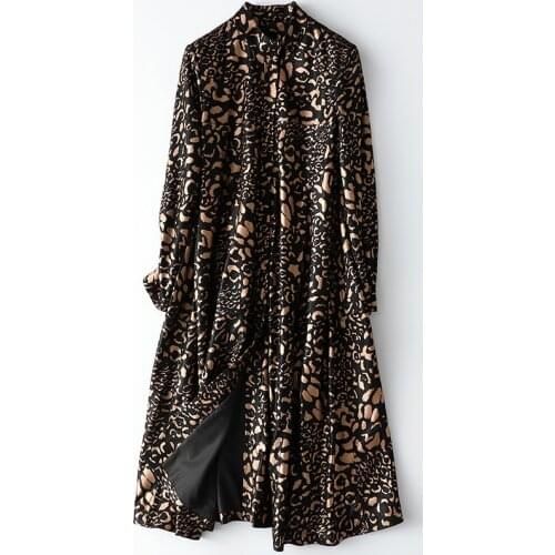 Fall High-End Leopard Print Spring Long Sheepskin Coat Cute Women Single-Breasted Leather Maxi Windbreaker Jacket High Quality