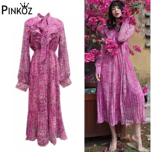Pinkoz cute maxi dress floral v-neck long sleeve pleated ruffles lace up bow summer spring new fashion party holiday dresses y2k