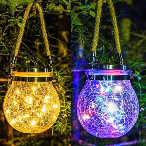 Garden Hanging Light Fashion Crack Romantic Dream Solar Energy Durable Outdoor Round Glass Jar Shape Waterproof Lamp