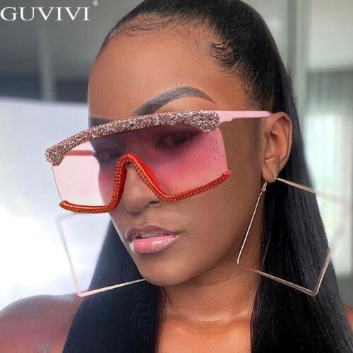Oversized Goggle Sunglasses Women 2020 One Piece Diamond Sunglasses Rhinestone Square Sunglasses Men Luxury Brand Eyewear UV400