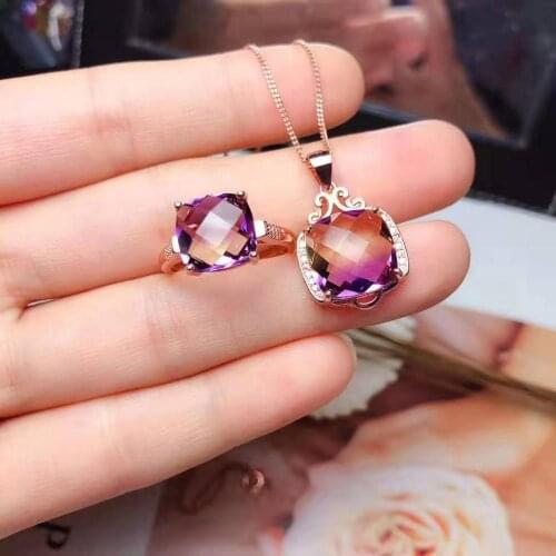 High-quality Amethyst Gemstone Block Ring Necklace Set Real S925 Pure Silver Grid Gradient Fine Fashion Jewelry For Women