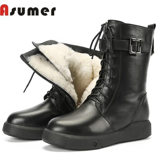 Asumer big size 43 full genuine leather ankle boots women flat casual shoes top quality comfortable warm wool snow boots woman
