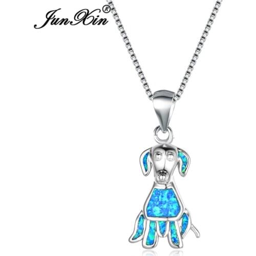 Boho Female Blue Opal Pendants Necklace Charm Silver Color Animal Necklaces For Women Cute Dog Chain Wedding Necklaces