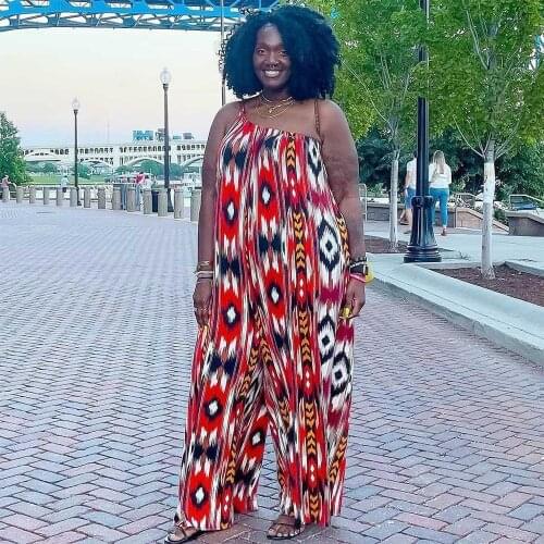 XL-5XL Aesthetic Print Romper Womens Jumpsuit 2021 Single Shoulder Sleeveless Wide Leg Overall Office Lady Loose Beach Outfits