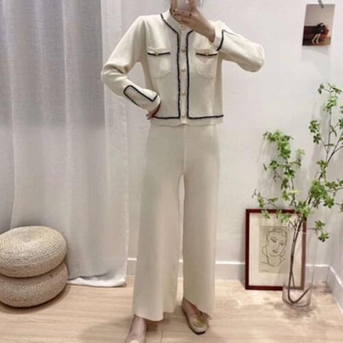 Fashion Court Temperament Knitted Pants Two Piece Women Braided Trim Gold Button Sweater Cardigan + Casual Long Pants Sets