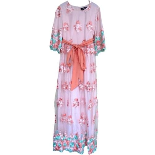 High quality pink embroidered floral long dress 2021 spring and summer new evening dress long dress