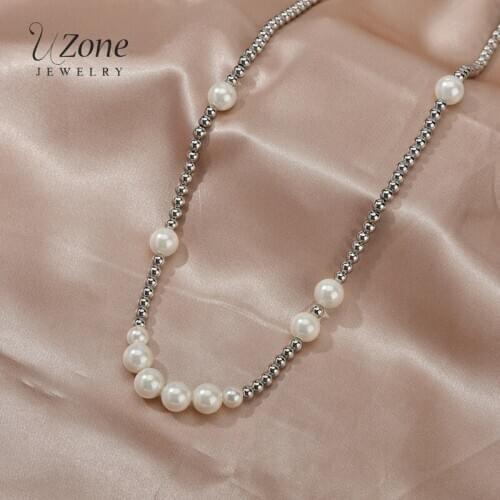 UZone Elegant Round Pearl Necklace Minimalistic Stainless Steel Beads Necklaces For Women Girls Birthday Party Gift Femme Bijoux