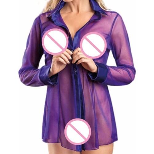 Women Button Lingerie Dress Transparent Clubwear Stripper Long Sleeve Blouse New
