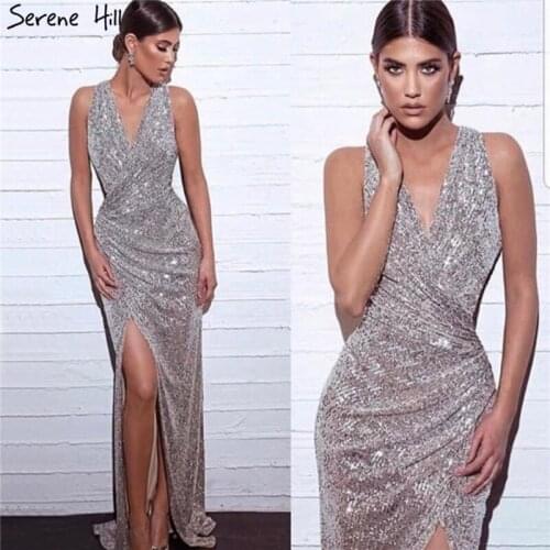 Dubai Design Silver Deep-V Luxury Prom Dresses Long Sequined Mermaid Sexy Prom Gowns 2020 Serene Hill BLA70052
