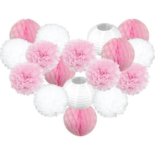 17pcs/set 6-12inch Pink White Red Round Paper Lantern Heart-shaped Paper Pom Pom Sets For Wedding Ceremony Party Decoration