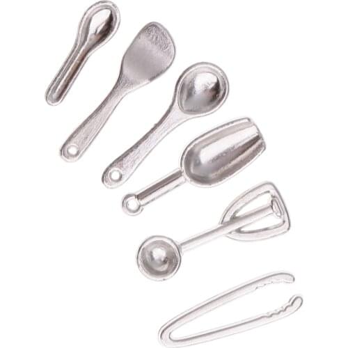 6pcs 1:12 Metal Sliver Cooking Utensils Spoon Dollhouse Miniature Kitchenware Cookware Cooking Accessory Kids Pretend Play Toy