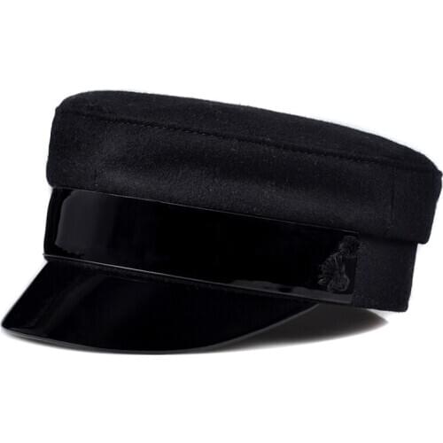 England Fashion Genuine Patent Leather Woollen Cloth Navy Hat For Women Female Cashmere Black Fittd flat Caps