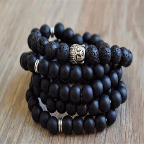 8MM Lava black agate gemstone Mala bracelet 108 Beads natural Sutra Lucky yoga Healing cuff