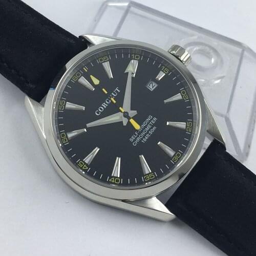Corgeut 41mm mens watch black dial silver marks sapphire glass 5ATM water resistance Automatic watch