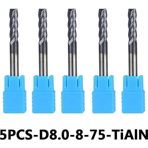 4-Flute Flattened Head Milling Cutters 5pcs/lot D8-8-75 Tungsten Steel End Mills Carbide End mills HRC45 With Straight Shank