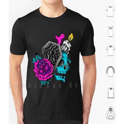 Rose Coffin &amp ; Skull T Shirt Big Size 100% Cotton Rose Flower Coffin Skull Bone Candle Pink Blue Evil Cartoon Cartoony Dark