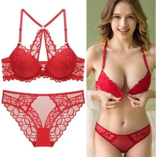 Red front buckle bra set sexy lace underwear with thin top and thick bottom and small chest gathered bra underwear ladies