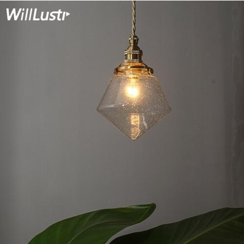 Handmade brass pendant lamp mouth blown clear crystal bubble glass suspension light Japan nordic retro fixture hotel bedside