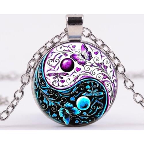 HOT! Tibet Cabochon Glass Pendant Chain Necklace Ying Yang Butterfly Gifts for Men and Women Retro Jewelry