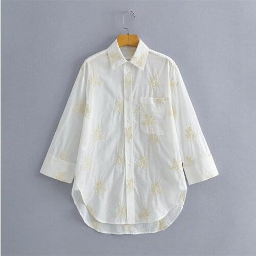 MESTTRAF Women 2021 Fashion Asymmetric Pocket Embroidery Blouses Vintage Long Sleeve Button-up Female Shirts Streetwear