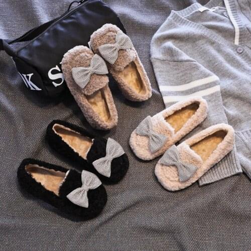 Rhinestone Girl Wool Shoes Plush Doug Shoes Bowknot Children Princess Fur Shoes Flat Bottom Kids Warm Flats Slip on Baby Loafers