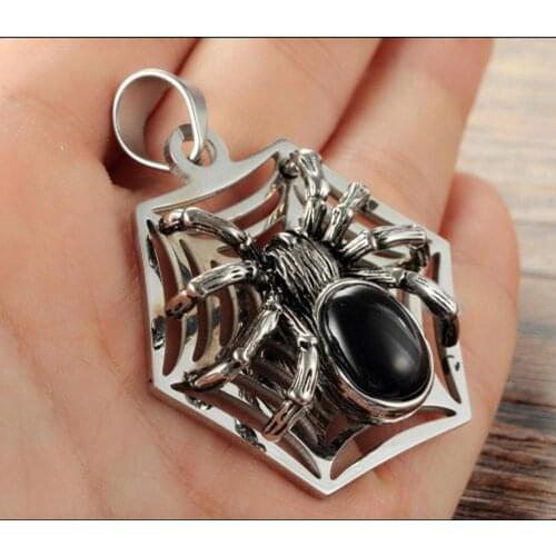 New arrival Mens Punk Vintage Retro Black Spider Stainless Steel Pendant Necklace Gothic Red Stone Male Biker Goth Jewelry