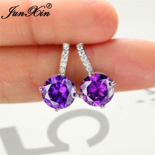 Charm Rainbow Crystal Round Earring Silver Color Purple Blue Yellow Red Zircon Stone Stud Earrings For Women Ear Studs Gifts