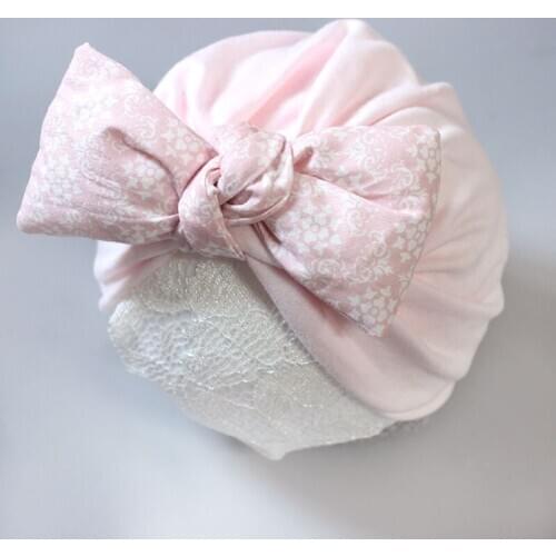 Pink Cotton Girls Baby Child Bowknot Solid Color Stretchy Turban Casual Hat Hair Head Wrap Cap