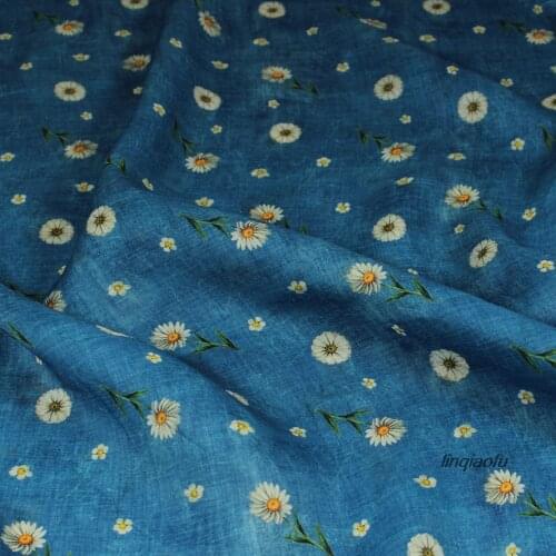 Original design blue daisy printed pure ramie fabric, dress robe linen clothing fabric