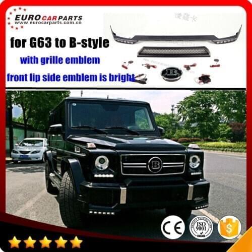 G63 front spoiler fit for G-class W463 G63 G65 style to B-style B800 front lip with B logo, led, and bumper fin PU material