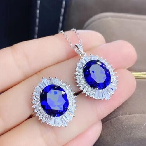 Sapphire Jewelry Set Natural And Real 925 Sterling Silver Fine Jewelry 1pc Sapphire Ring,1pc Sapphire Pendant Party Jewelry