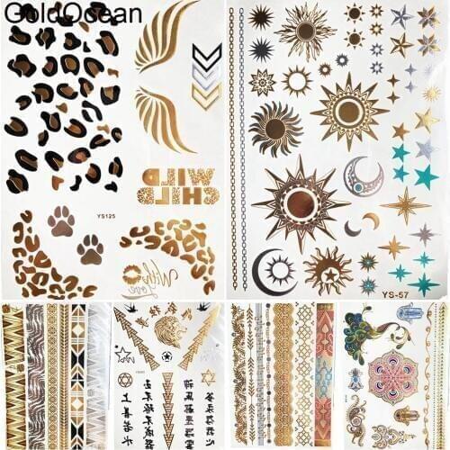 Sexy Gold Metallic Leopard Print Temporary Tattoo Stickers Girl Body Arm Art Flash Fake Tatto Hands Chains Tattoo Women Sun Star