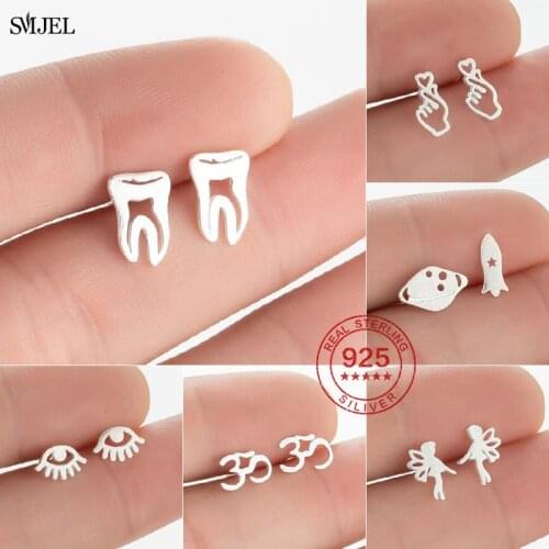 Punk Dentist Tooth Stud Earrings for Women Men Minimalist Jewelry 925 Sterling Silver Small Hand Eye Earrings Graduation Gift