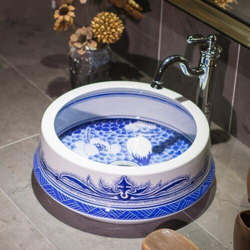 Blue and white Europe Vintage Style Ceramic Washing Basin Counter top Bathroom Sink round ceramic art basin
