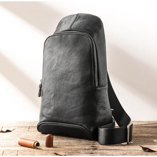 Leather Chest Bag Mens Messenger Bag Chest Back Pack Shoulder Bag Small Bag Header Layer Cowhide Korean Vintage Soft Men Black