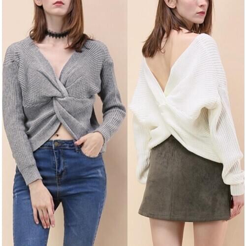 New Sexy Solid Color V Neck Twisted Back Knot Sweater Women Long Sleeve Jumper Pullover One Size Loose Warm Hand-wash Sweater