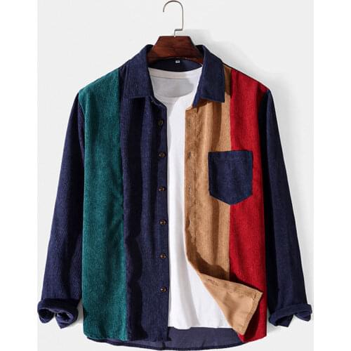 Mens Lapel Patchwork Long-sleeved Shirt Spring Autumn Korean Casual Fashion Daily Premium Corduroy Color-blocking Shirt