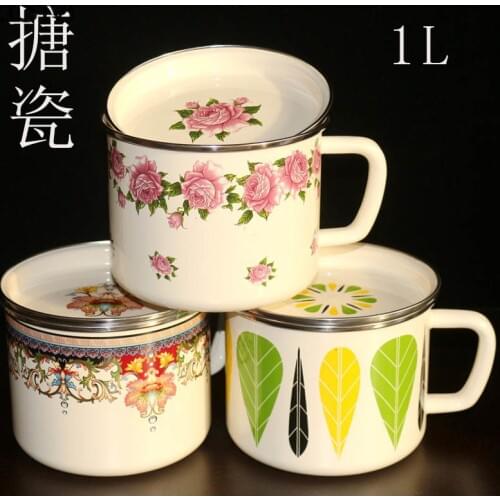 Vintage Porcelain Enamel Cup Lunch Bag Container Coffee Cup Fast Food Cup Bowl with Lid Handle Large Thickened Flat Cover Mugs