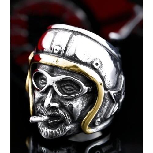 Vintage Men Ring Hiphop Locomotive Male Helmet Smoking Pilot Rings Punk Rock Bands Party Gift Accessories